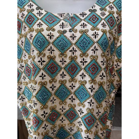 Lisa Ashley Woman's Blouse Top Blue Beaded Short Sleeve Round Neck - Picture 3 of 8
